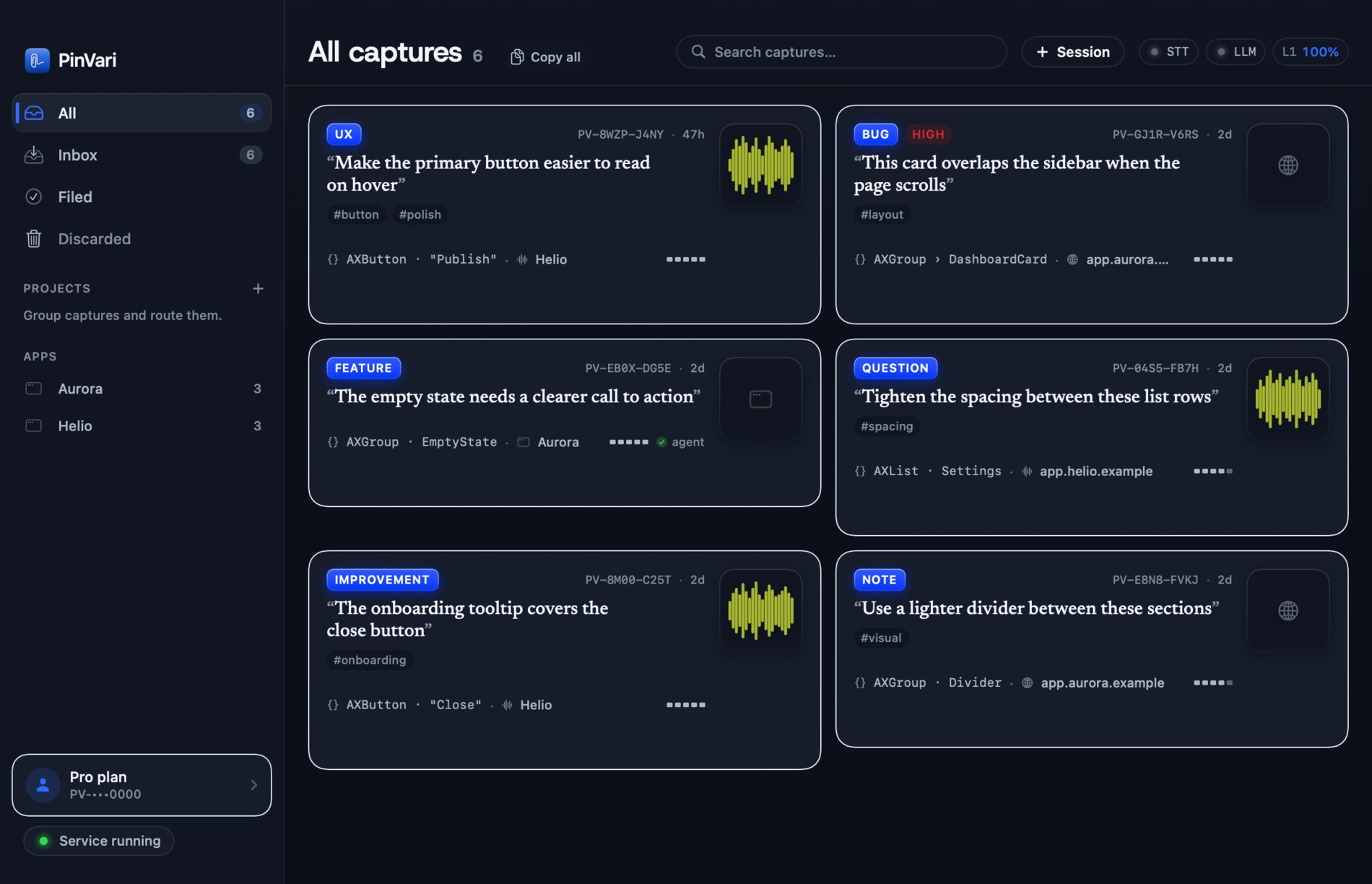 The PinVari Command Center — a native macOS app showing captures with their resolved accessibility elements