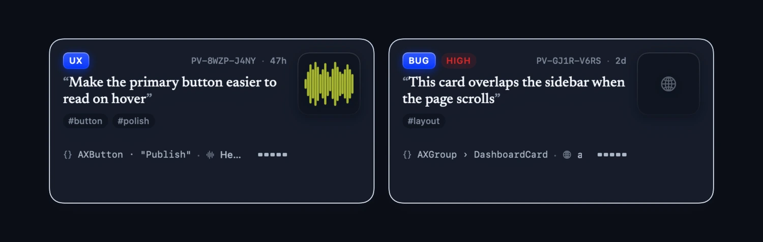 Real PinVari capture cards — the resolved element, your words and tags