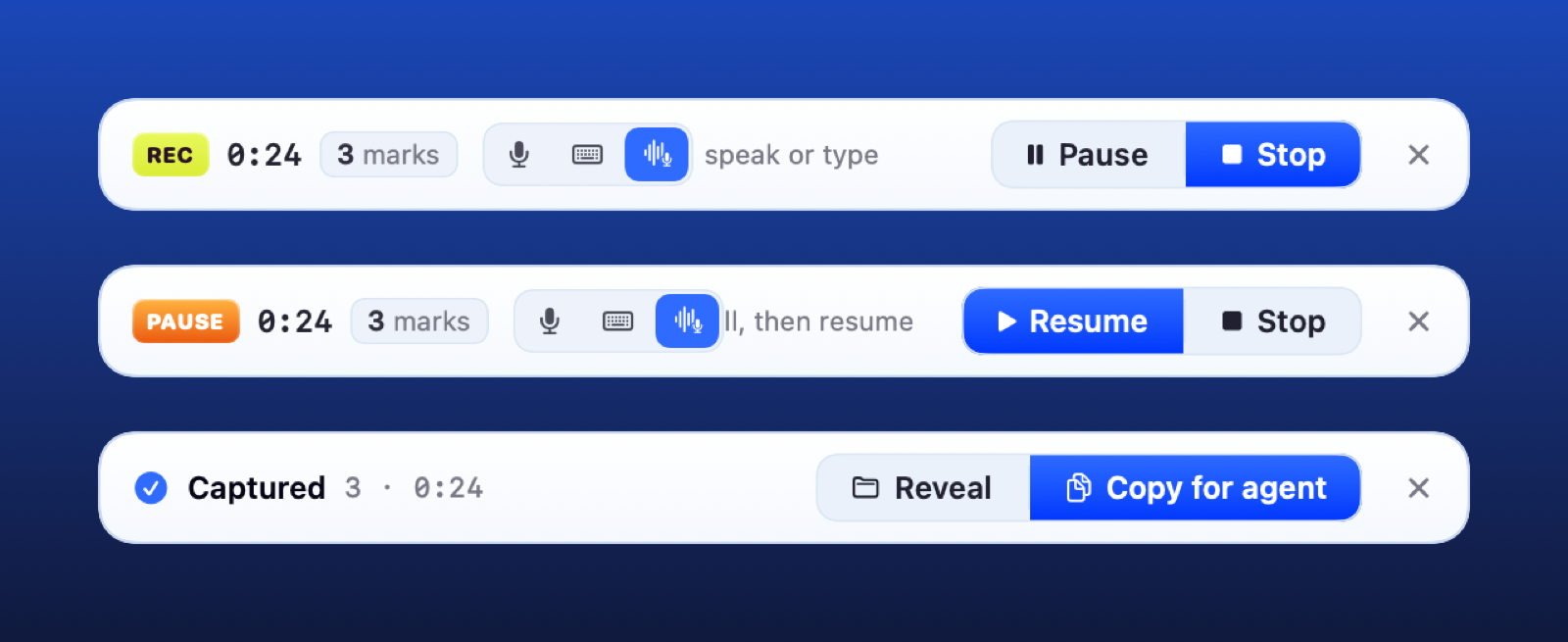 The PinVari capture bar showing recording, marks, and speak-or-type controls