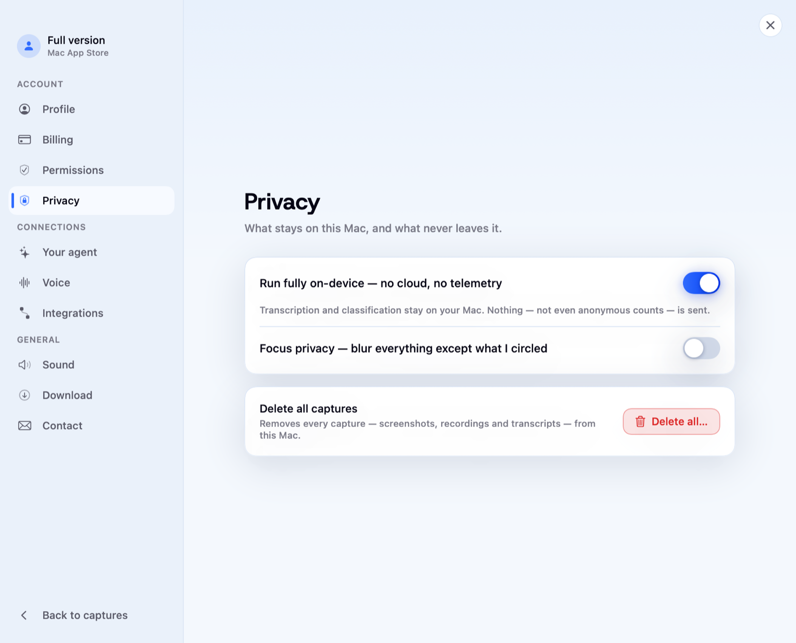 The PinVari privacy settings — everything stays on this Mac