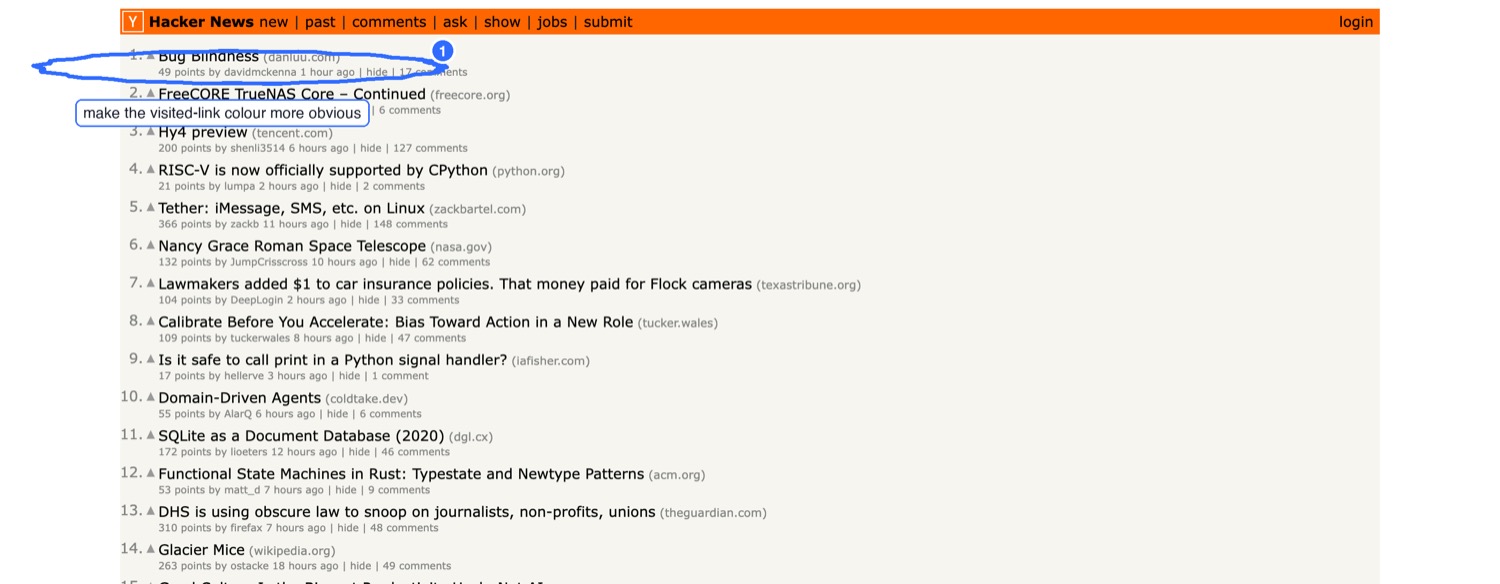 Hacker News with a PinVari circle around a story link and a spoken note