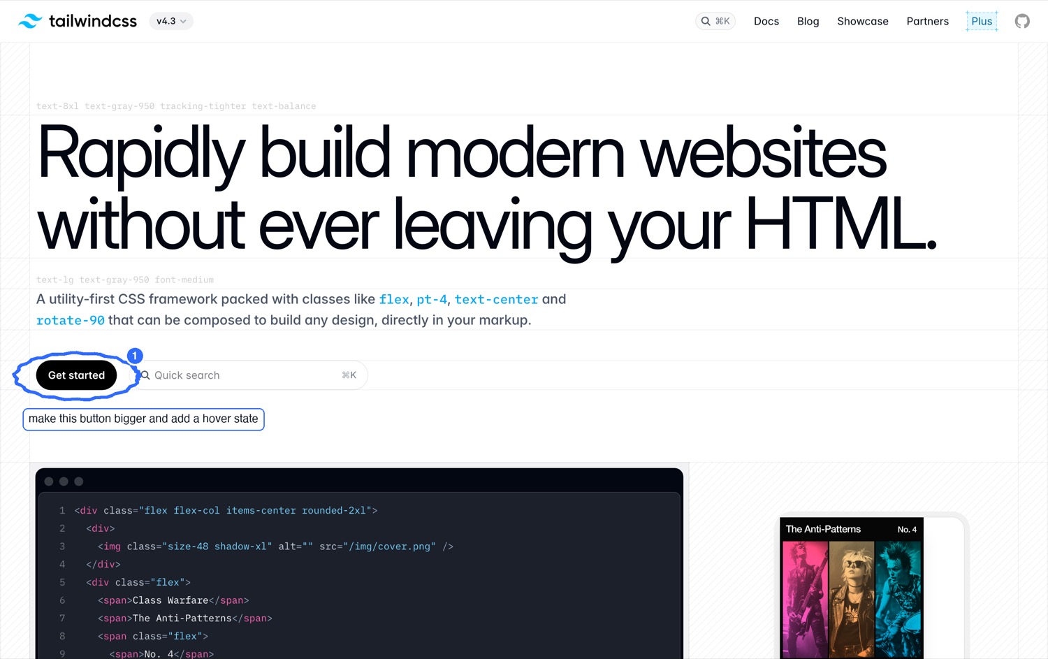 A real website with a PinVari circle around the primary button and a spoken note