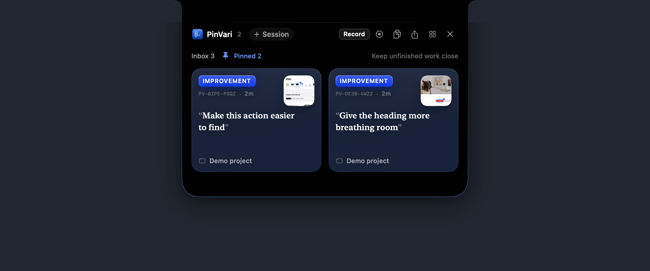 PinVari's pinned captures in its compact layout