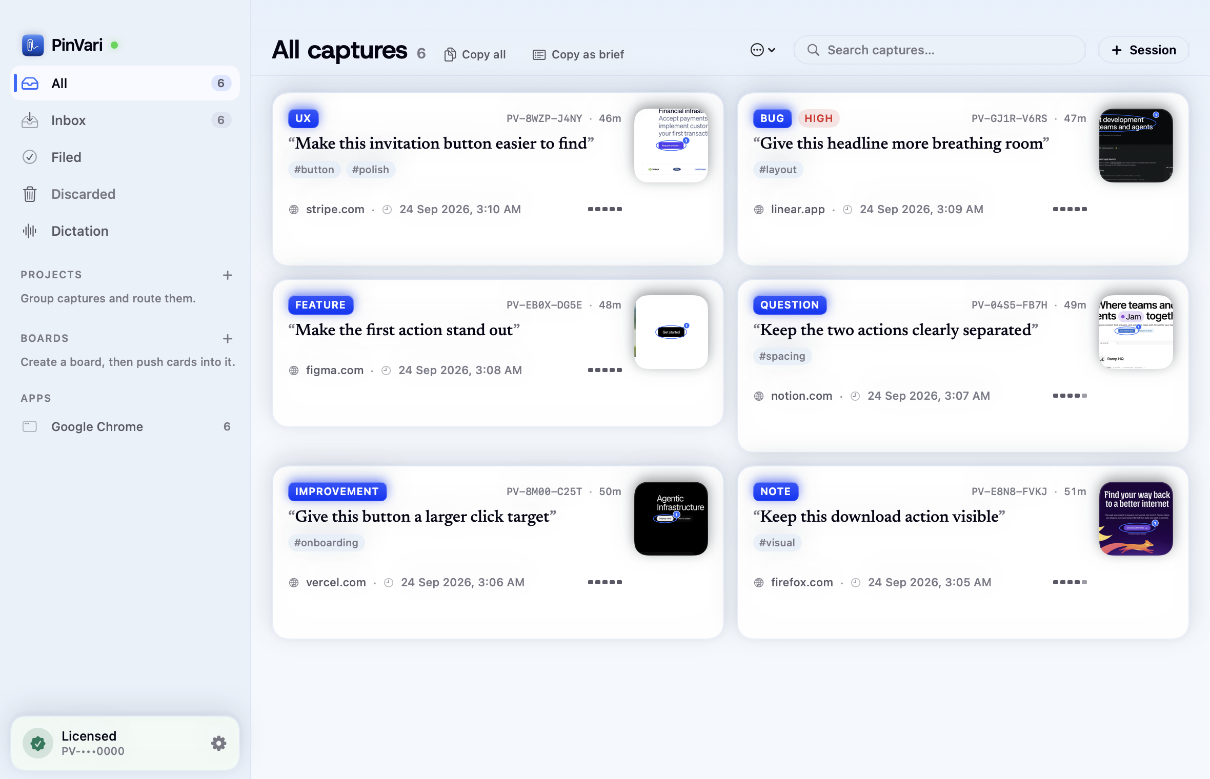 PinVari's native capture library with notes grouped by app and type