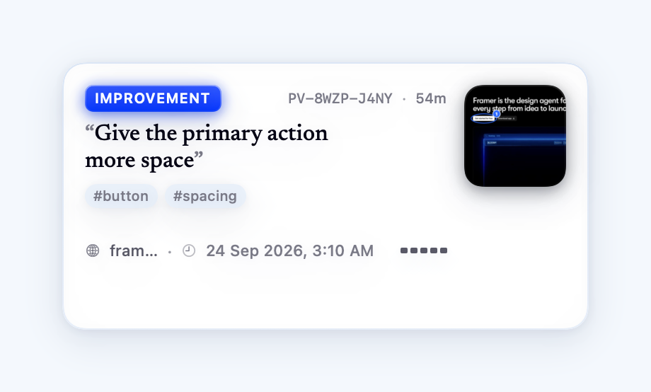 Native PinVari capture card with an annotated Framer website example