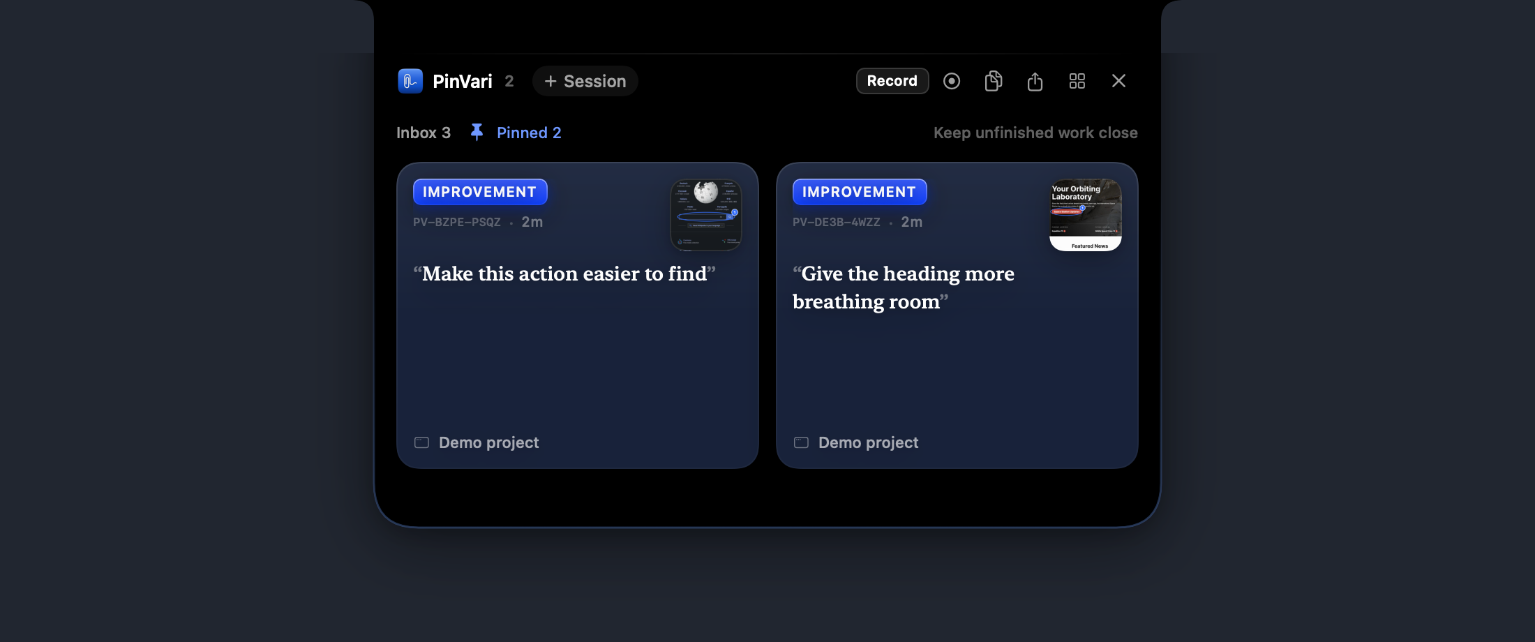Current PinVari notch with two pinned captures and an Inbox and Pinned switch