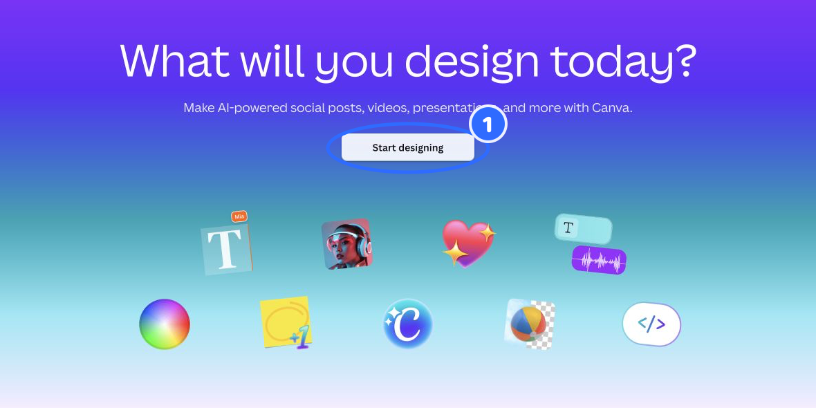 Canva website with its start button annotated