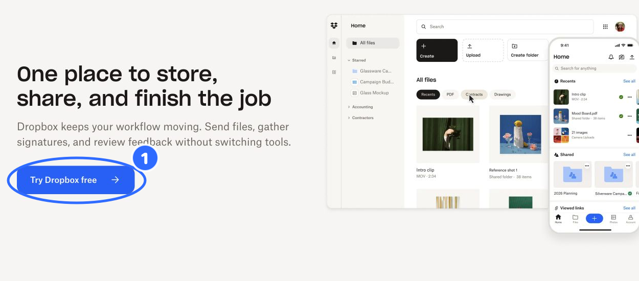 Dropbox website with its trial button annotated
