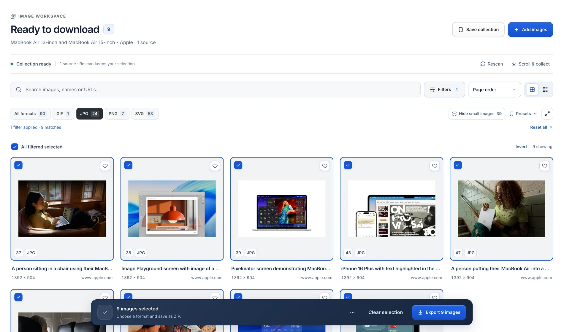 Real Apple page images collected in Image Downloader, with search, format filters, selected photos and bulk export