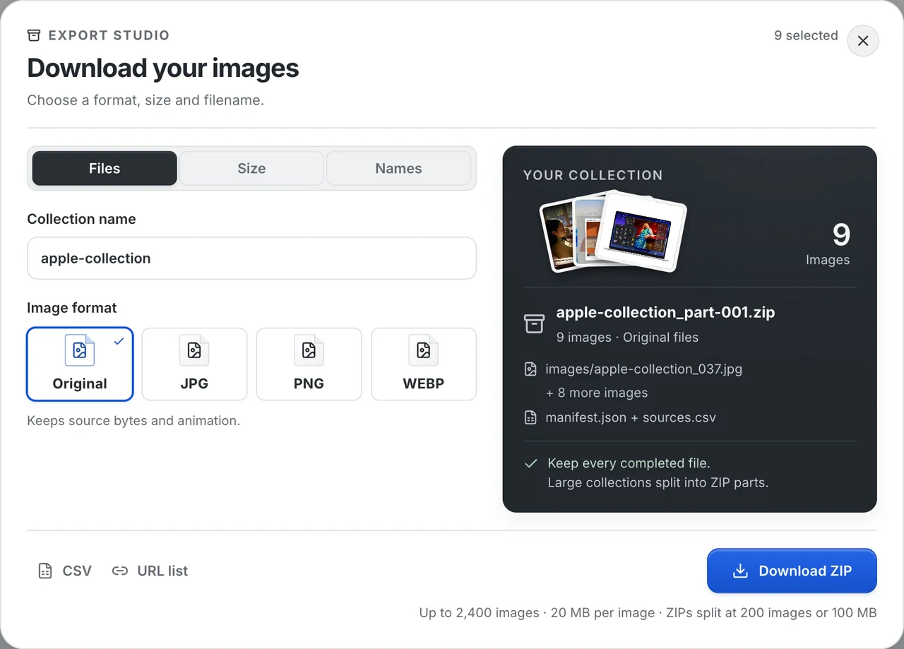 Export studio showing Original, JPG, PNG and WebP settings with an output ZIP preview