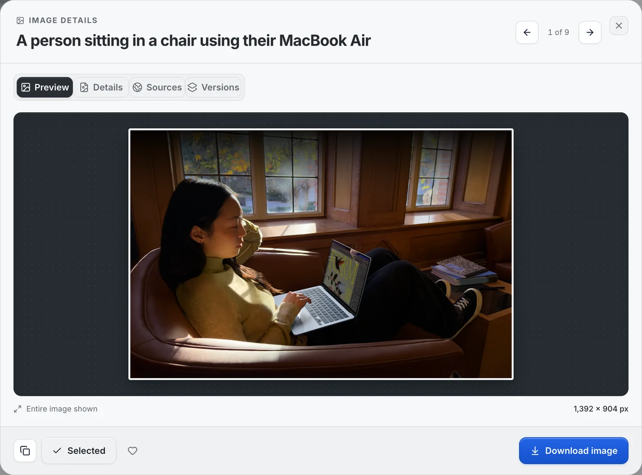 Full image preview with dimensions, source details and a download action